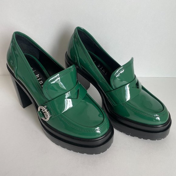 Gianni Bini Shoes - Gianni Bini Womens Green Faux Patent Leather Platform Heel Loafers Size 8